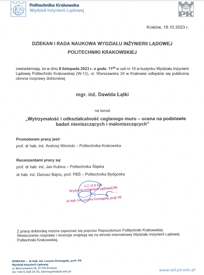 Zawiadomienie o publicznej obronie rozprawy doktorskiej mgr. inż. Dawida Łątki