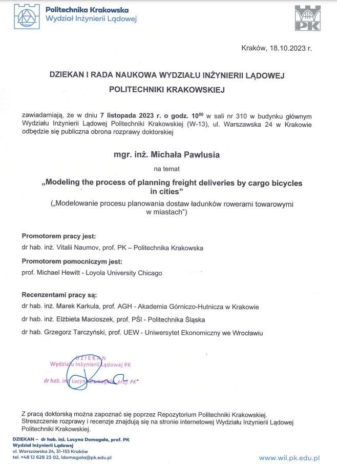 Zawiadomienie o publicznej obronie rozprawy doktorskiej mgr. inż. Michała Pawlusia