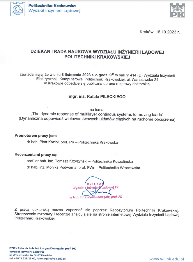 Zawiadomienie o publicznej obronie rozprawy doktorskiej mgr. inż. Rafała Pileckiego
