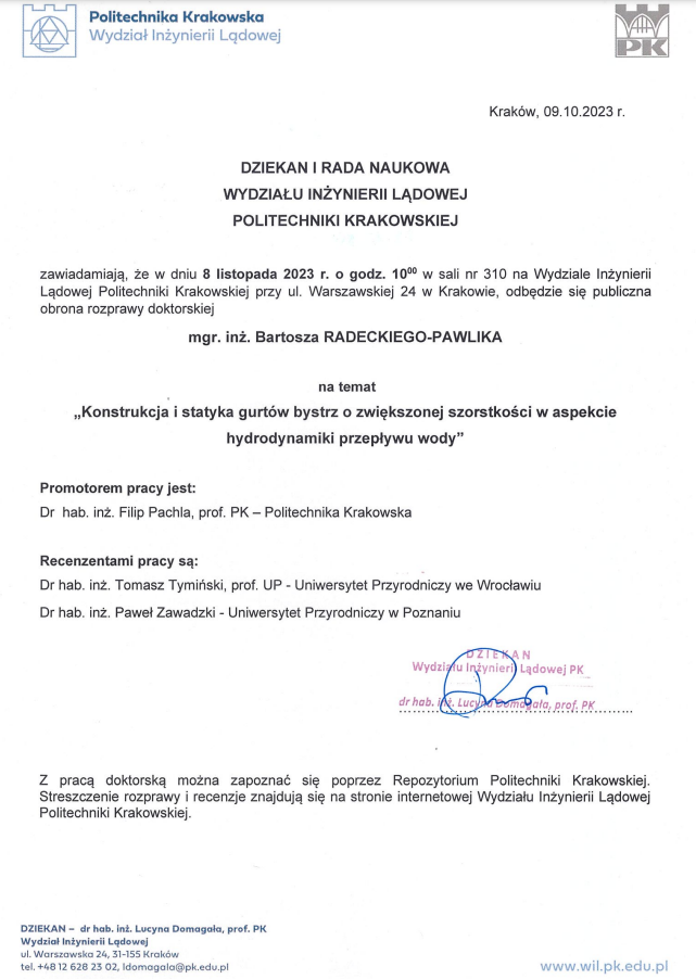 Zawiadomienie o publicznej obronie rozprawy doktorskiej mgr. inż. Bartosza Radeckiego-Pawlika