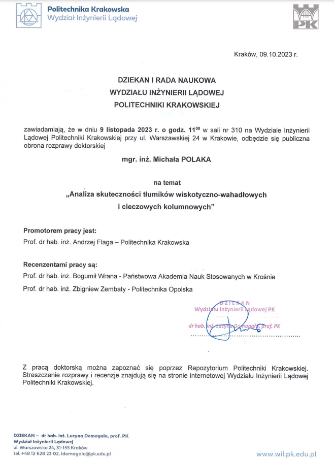 Zawiadomienie o publicznej obronie rozprawy doktorskiej mgr. inż. Michała Polaka
