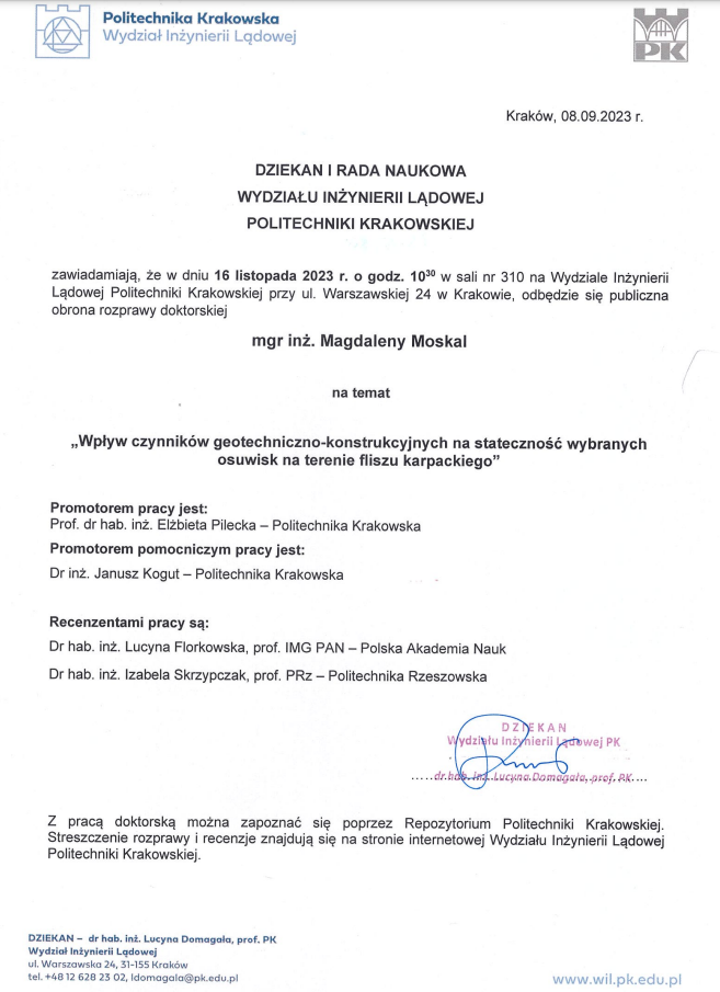 Zawiadomienie o publicznej obronie rozprawy doktorskiej mgr inż. Magdaleny Moskal