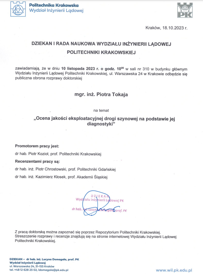 Zawiadomienie o publicznej obronie rozprawy doktorskiej mgr. inż. Piotra Tokaja