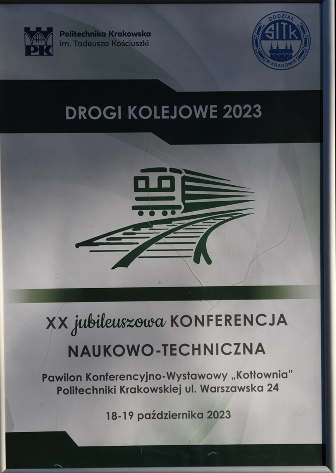 Plakat konferencji naukowo-technicznej Pawilon Konferencyjno-Wystawowy z rysunkiem pociągu