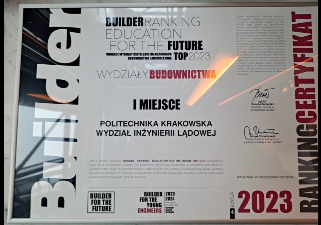 certyfikat Builder for the Future dla Wydziału Inżynierii Lądowej PK, który zdobył I miejsce!