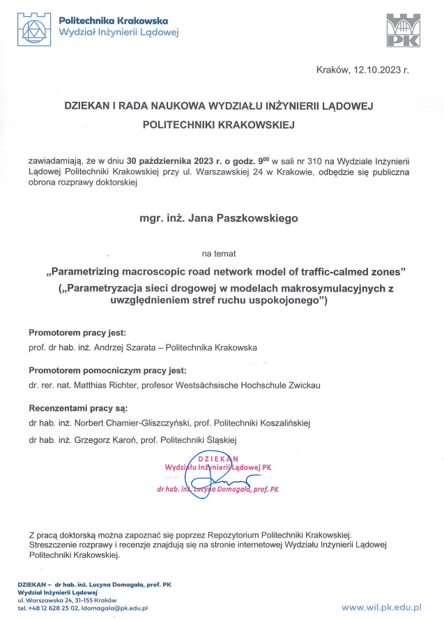Zawiadomienie o publicznej obronie rozprawy doktorskiej mgr. inż. Jana Paszkowskiego